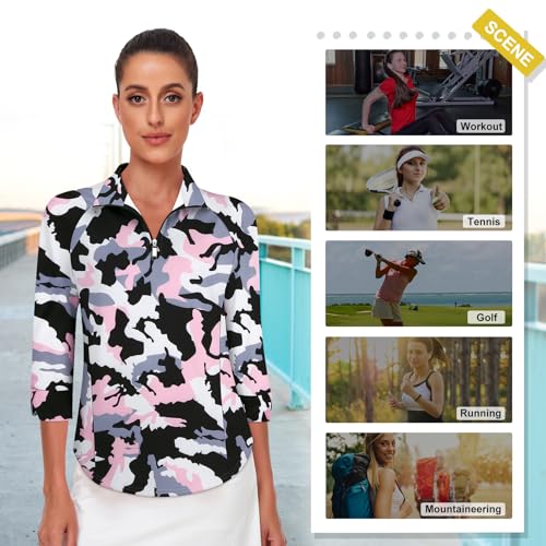 Image of Cucuchy Style Womens Golf Shirt 3 /4 Sleeve Quarter Zip Workout Tennis Tops Quick Dry UPF 50+ Shirts