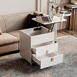 BRILVERDE Moderna mesita de noche blanca con ruedas y diseño elevable, armario multifuncional con puerto de carga USB y dos cajones, mesa auxiliar para dormitorio, sala de estar, oficina