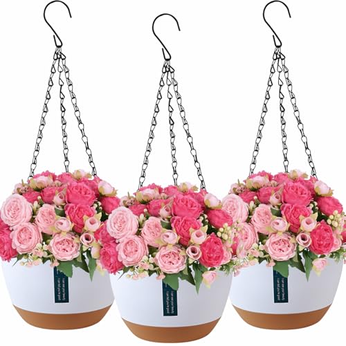 Lighterday 3 Stück Blumenampel Hängend für Außen Innen,Blumentopf Hängend Hängetopf für Pflanzen,Hängetöpfe mit Drainagelöchern und Untersetzer,Hängblumentöpfe für Garten Balkon (Weiß)