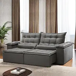 Sofá 4 Lugares Retrátil e Reclinável 210cm Jundiaí Estofados Teixeira Suede King Cinza King Cinza