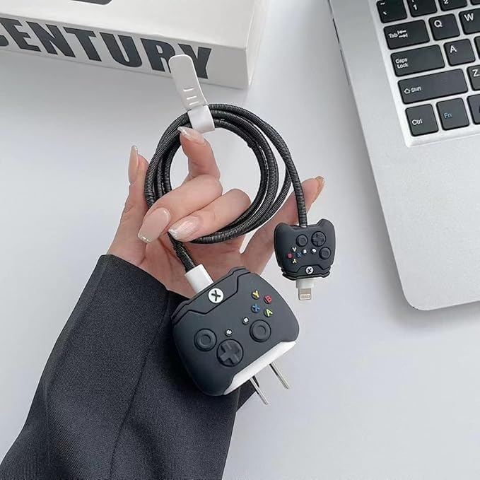 Image of Cable Protector with 3D Cute Pattern for iPhone Charger only18W & 20W | Data Line Wire Saver Charger Protective Cable Full Protection Set of-1 (Black X-Boxx)