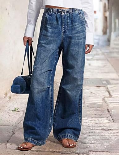Top 12 Best Drawstring Jeans for Women Over 50 8 Flygo Womens Wide Leg Jeans Elastic Waist Drawstring Baggy Jeans Y2K Boyfriend Jeans Loose Denim Pants(Blue-M)