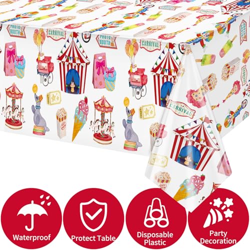 Image of Hxezoc 54 x 108 Inch Circus Party Tablecloths Disposable Plastic Carnival Table Cover for Carnival Birthday Party Decorations Outdoor Indoor Supplies