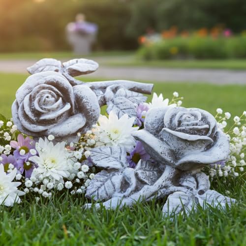 com-four® 2X Grabdekoration Rose - Gedenkstein der Hoffnung und Reinheit - Blumen-Trauerstein - wetterfester Grabschmuck - Gartendekoration in Steinoptik - Erinnerungsstein (2 Stück - Rose)
