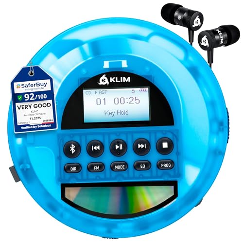 KLIM Nomad Transparent Blue - Portable CD Player Walkman with Long-Lasting Battery - Includes Headphones - Discman MP3 Player - TF Card FM Radio Bluetooth AUX - Ideal for Home Cars - Version