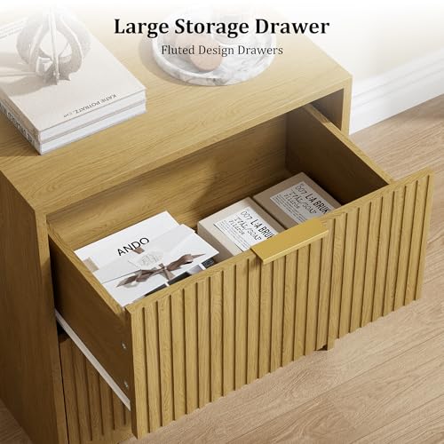 Image of Furniway 3 Piece Bedroom Set, 6 Drawer Dresser and Nightstand Set of 2 with Gold Handles, Mid-Century Modern Wood Chest of Drawers Storage Cabinet for Bedroom, Natural Oak
