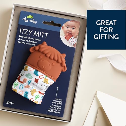 Image of Itzy Ritzy Silicone Teething Mitt - Soothing Infant Teething Mitten with Adjustable Strap, Crinkle Sound & Textured Silicone to Soothe Sore & Swollen Gums - for Ages 3 Months & Up (Cow)