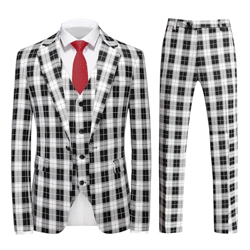 MOGU Men's 3-Piece Plaid Suit Slim Fit Checkered Tuxedo Set with Jacket, Vest, Pants Modern Casual Dress for Wedding Prom