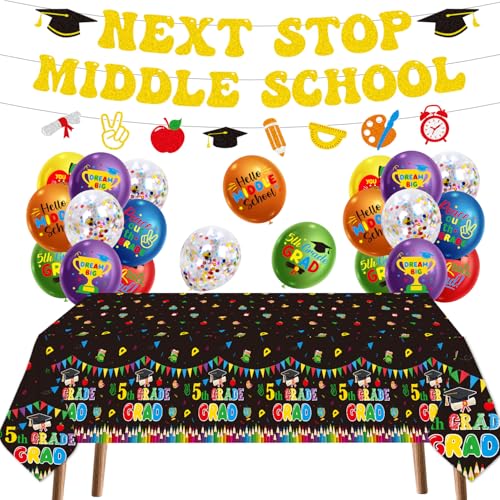 Musaeva 5th Grade Graduation Decorations - 39PCS 5th Grade Graduation Banners Balloons Tablecloth Party Decor Colorful Primary Elementary School Congrats Grad Party Supplies