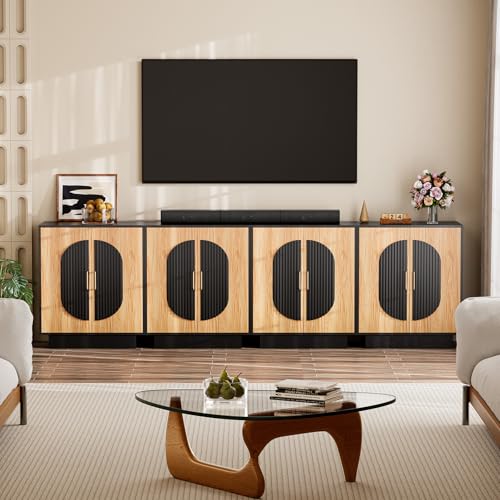 Image of 116 inch Fluted Modular Buffet Cabinet with Arched Doors & Gold Handles, Mid Century Modern Sideboard Credenza Storage with Adjustable Shelves, Wood Coffee Bar Console Table for Dining Living Room