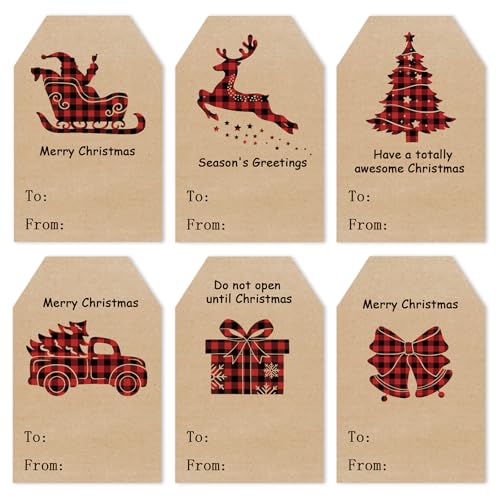 Image of Christmas Gift Tags Stickers, 96Pcs Christmas Gift Labels Xmas Name Tags for Wrap Presents Boxes Decoration, 2 x 3 Inch, Self-Adhesive Natural Kraft Paper Stickers