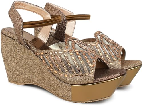 Image of Action Women's Glitter Platform Sandals| Block Heel|Cross-Strap Design with Ankle Strap| Bronze