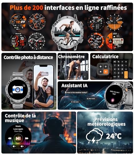 Montre Connectée Homme, 1.7'' HD Montre avec 1000 mAh, Smartwatch Homme Appel Bluetooth, Militaire LED Lampe, Fréquence Cardiaque, Moniteur de Sommeil, 114 Modes Sport, IP68 Étanche pour Android/iOS – Image 5