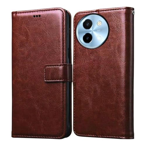Image of Vintage Magnatic Closer Matte Leather Flip Cover Compatible Model for Vivo V2355 / Y58 5G / T3X / Y38 - Tan Brown