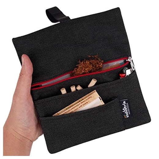 Tabaquera repelente al agua - Funda Pitillera tabaco de liar con bolsillos para filtros, papel y mechero (Cremallera Roja)