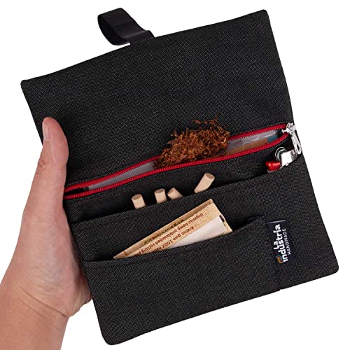 Tabaktasche für 30-50g 'Vulcano' - Wasserabweisender Tabakbeutel für Drehtabak mit Fächern für Filter, Blättchen und Feuerzeug (Roter Reißverschluss)