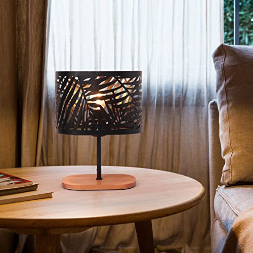 OuXean Petite Lampe de Table Lampe de Chevet, Veilleuse E14 avec Socle en Bois et Abat-Jour en Métal pour Chambre Salon Bar, Noir (sans ampoules)