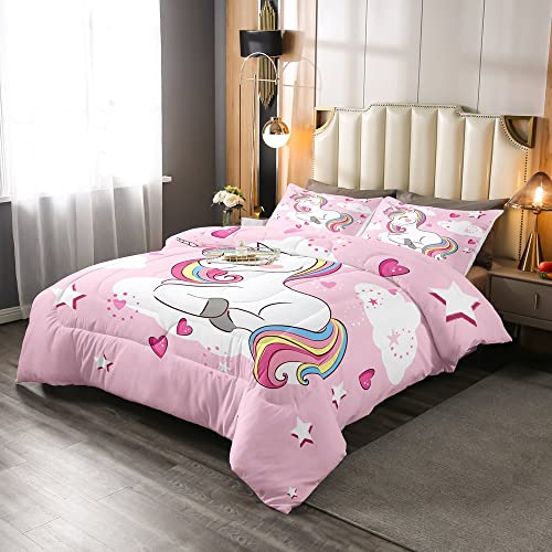 Loussiesd Unicorn Duvet Set for Kids Girls Pink Heart Bedding Set Unicorn Gifts Quilted Down Comforter King Size - Image 2