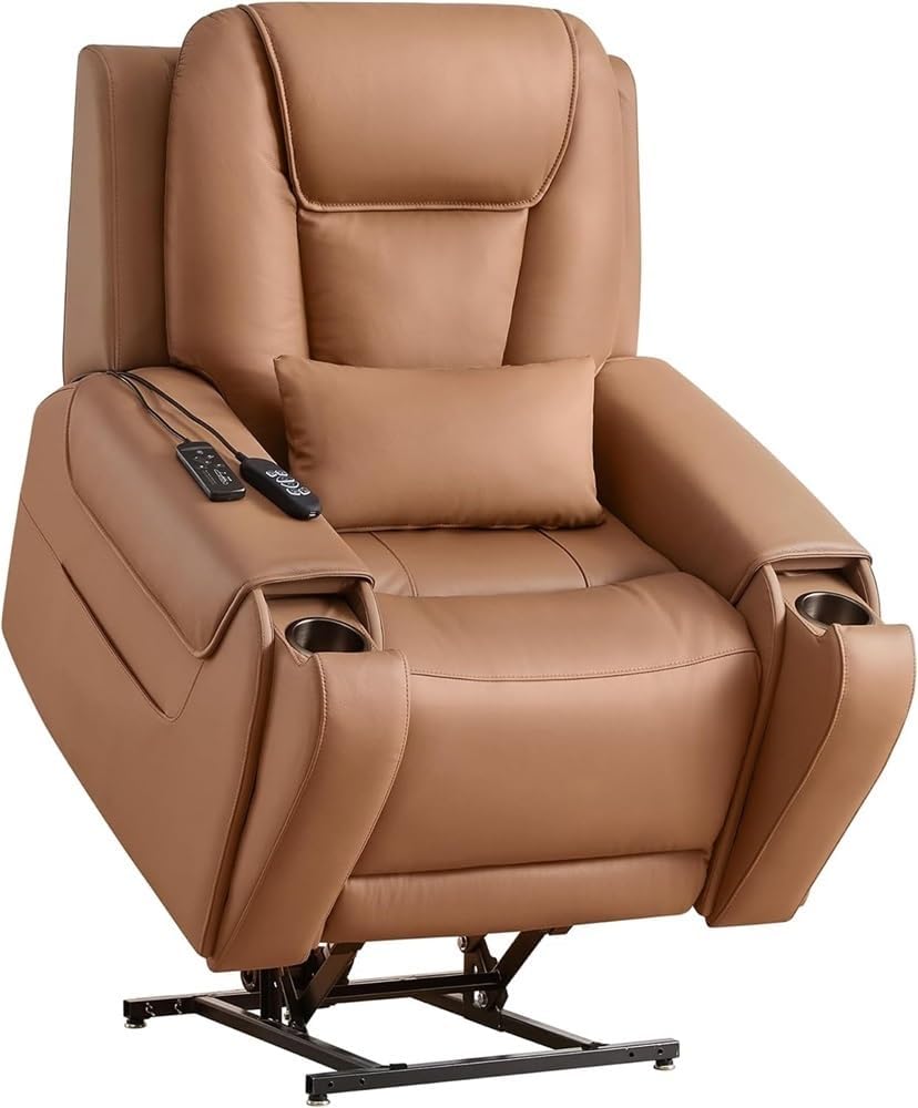 Triple Motor Power Lift Recliner Chair for Elderly Genuine Leather Massage Heat USB Ports Cup Holders Infinite Position Large Electric Upholstered Saddle Sofa Adjustable Comfortable