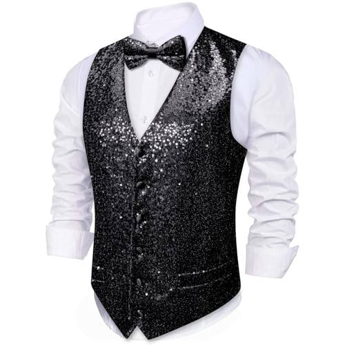Barry.Wang Män paljett glänsande väst fluga set glittrande vardaglig kostym väst festival disco fest bal, Svart paljett, M