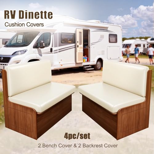 Image of SearchI PU Leather RV Dinette Cushion Covers, Stretch Camper Cushion Slipcovers for Travel Trailer Couch RV Booth Seat, Replacement Camper Sofa Chair Protector(2 Backrest Cover & 2 Bench Cover, Cream)