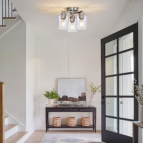 Image of 3-Light Ceiling Light, Semi Flush Mount Ceiling Light Fixture, Kitchen Lighting Fixtures Ceiling, Brushed Nickel Finish with Clear Glass Shade for Foyer Hallway Entryway