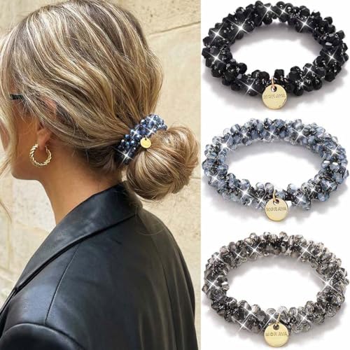 Reaky Haargummis mit Perlen, Strass, Pferdeschwanzhalter, Perlen, Haargummis, 3 Stück, elastisches Haarband, Haar-Accessoires für Damen (A)