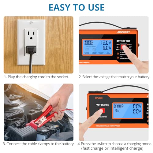 Image of AUTOUTLET 8V Car Battery Charger, 0-14A Fully Automatic 6 /8 /12 /14 /16 /2 Lead-Acid Battery Charger & Maintainer with 7-Stage Charging, Overcharge Protection, Reverse Polarity LED Indicator, 80cm Cable