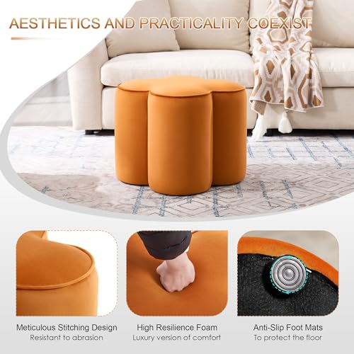 Image of Zesthouse Flower Pouf Ottoman Foot Rest, Velvet Fabric Poofy Ottoman Stool | Large Ottoman Footstool for Couch, Modern Living Room Stool Seat, Cute Square Vanity Stool for Bedroom Orange Dorm Foot Stool