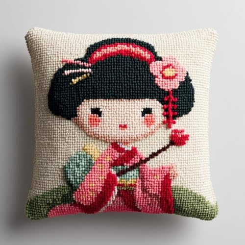 Juego de bordado de Geisha japonesa de dibujos animados en cojín de gancho