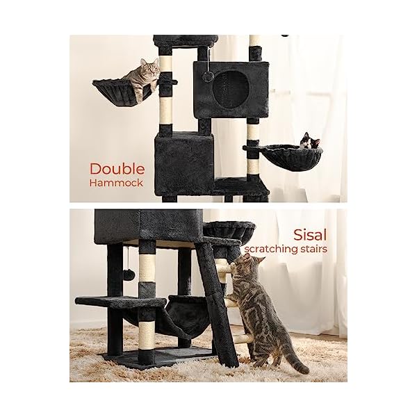FourFurPets Kratzbaum 160 cm hoch, Aktivitätsbaum für Katzen, mit 2 Plattformen, 2 Höhlen, 2 Korb, Hängematte, Plüschbälle,Sisal-Treppe, Rauchgrau – Bild 6