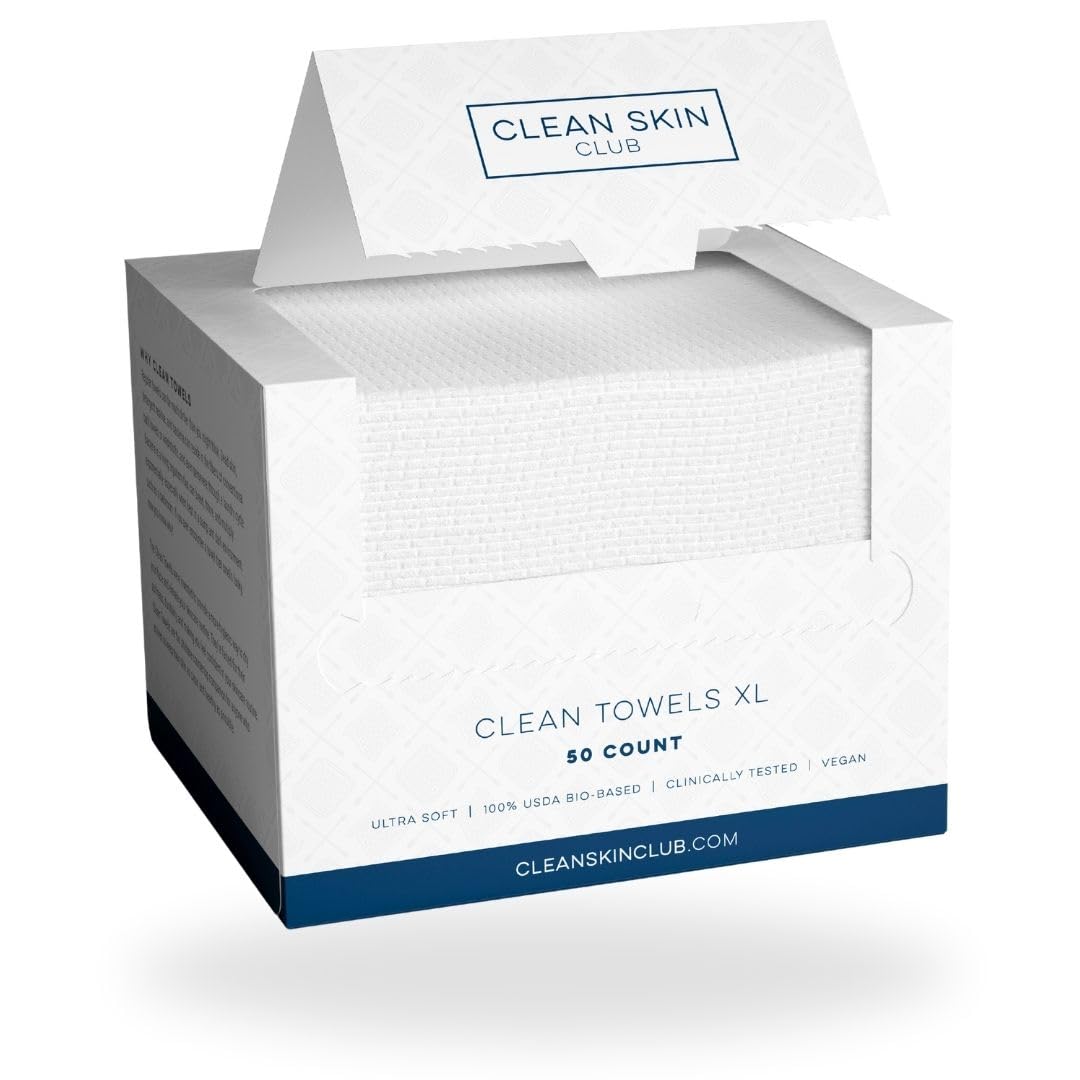Clean Skin Club Clean Towels XL, toalla facial 100% de base biológica USDA, toallita facial desechable, toallitas secas desmaquillantes, ultrasuaves, 50 unidades, 1 paquete