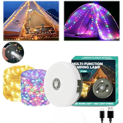 Image of BONZELLA Outdoor String Lights for Decoration 32.8FT,2 in 1 Rechargeable Camping String Light & LED Flashlight Torch with 8 Lighting Mode for Hiking,Tent, Portable USB Camping Lantern with Powerbank