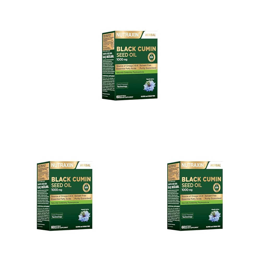 Nutraxin Black Cumin Seed Oil – Soğuk Sıkım Çörek Otu Yağı, 1000 mg, 60 Yumuşak Kapsül – Helal Sertifikalı Takviye Edici Gıda (3 paketi)