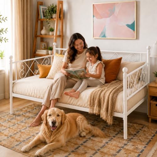 Image of Garvee Daybed with Pull Out Trundle, Metal Sofa Bed Frame with Heart Headboard, Steel Slat Support, No Box Spring Needed, Guest Bed for Bedroom, Living Room,