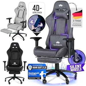 ELITESEATS Gaming Stuhl Ergonomisch [TESTSIEGER] Kratzerfreie Rollen Atmungsaktiv, 4D-Armlehnen, mit Fußstütze | Ergonomischer Gamingstuhl Stoff 150 kg Belastbarkeit | Gaming Chair