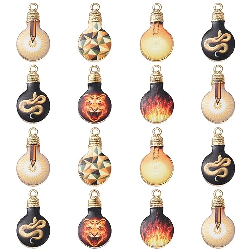 Stiesy 30Pcs 6 Styles Enamel Light Bulb Charms Pendants Tiger Fire Snake Patterns Printed Bulb Dangle Charms for Jewellry Making DIY Crafts