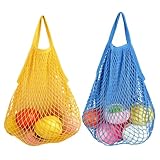 PjuQow 2 Stück Einkaufsnetz, Netztasche, Obstnetz, Einkaufsbeutel Faltbar Für Den Täglichen Gebrauch, Leicht Und Langlebig, Für Einkaufen, Strand, Spielzeug, (Gelb,Blau)