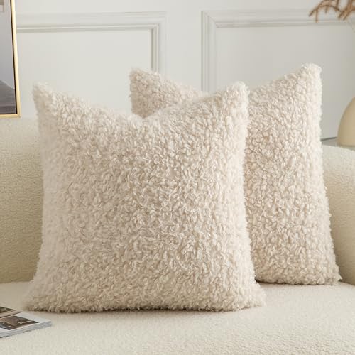 Image of Pack of 2 Curly Teddy Wool Faux Fur Throw Pillow Covers Fuzzy Accent Soft Sherpa Pillowcases Sheepskin Fleece Decorative Cushion Case for Sofa Couch Living Room 22x22 Inch Neutral Light Beige