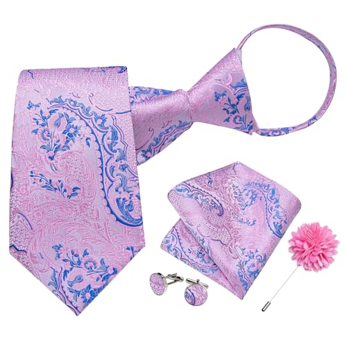 Image of DiBanGu Mens Zipper Tie Silk Pre-Tied Necktie with Gift Box | Jacquard Woven,Paisley Solid Plaid Pattern,6PCS with Pocket Square,Cufflinks and Lapel Pin,for Wedding Party Formal Business