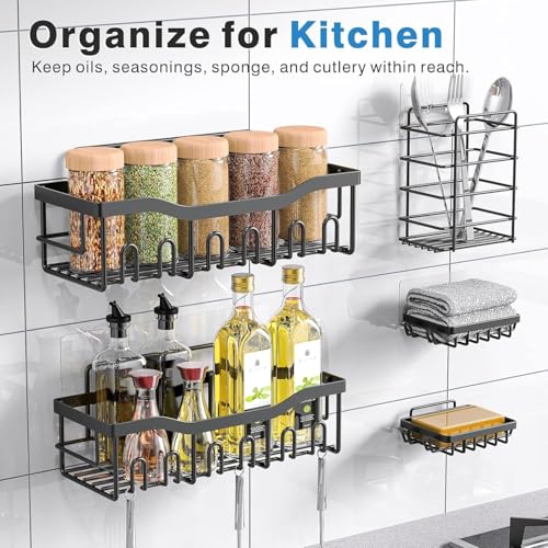 Image of Nieifi KIMEE 5 Pcs Bathroom Organiser Without Drill - Stainless Steel Bathroom Accessories Set, Self Adhesive Shower Caddy Stand for Wall, Rustproof Storage Rack for Shampoo, Soap, Toothbrush Holder