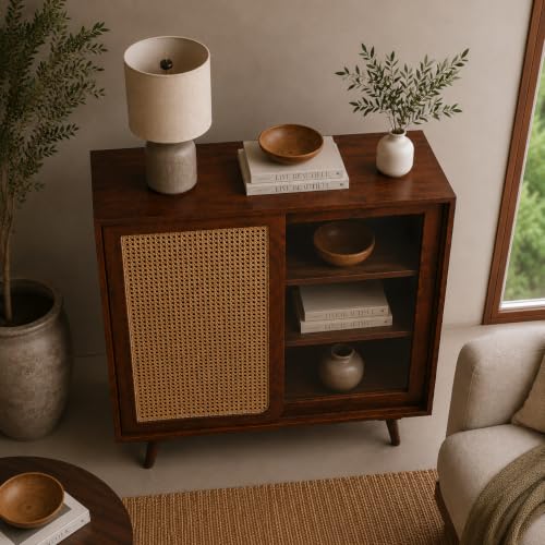 Image of The Attic INES Cabinet, Coffee Table for Living Room, Solid Wood Centre Table with Cane with Sliding Doors, Honey Matt Finish