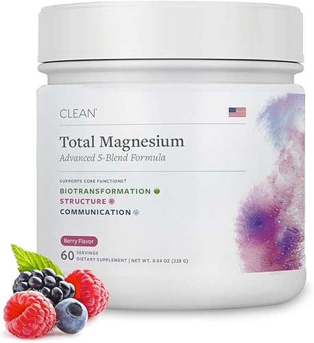 Clean Total Magnesium - Polvo de magnesio avanzado de 5 mezclas para dormir, aliviar el estrés y apoyo digestivo - Complejo con sabor a bayas - 30