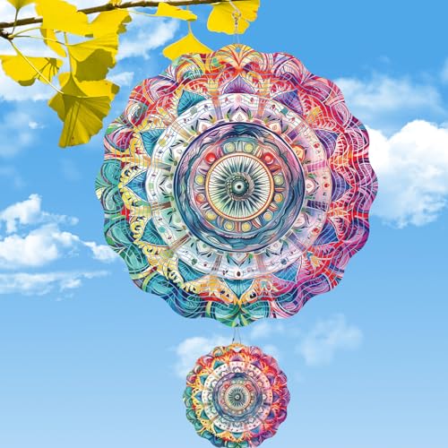 Rngmsi Mandala Wind Spinner, Metal Kinetic Art Wind Spinner Gift for Christmas, Hanging 3D Outdoor Wind Chimes for Garden Yard (12 X 12 Inches)