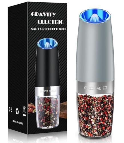 Sweet Alice Gravity Electric Pepper/Salt Grinder, Salt or Pepper Mill & Adjustable Coarseness, Battery Powered with LED Light, One Hand Automatic Operation, Stainless Steel (Single/Light Grey)