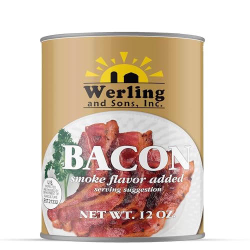 Image of Werling Fully Cooked Canned Bacon 12 oz - Ready to Eat Smoked Bacon, Shelf Stable up to 5 Years, Long-Term Food Storage, Emergency Survival Food, Camping & Hiking Meals, Pantry Staple, No Refrigeration Required, Canned Meat, Pack of 1