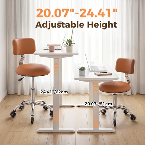 Image of Rolling Stool Chair with Wheels, Office Drafting Chair with Back Support, Height Adjustable Standing Desk Stool with PU Leather Cushion for Home Office Kitchen Vanity Spa Garage Tattoo Dentist, Camel