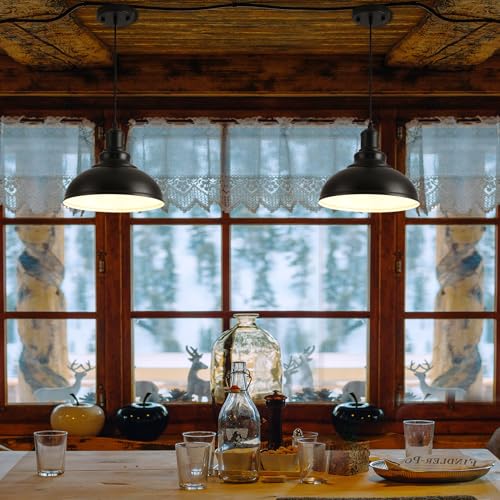 Image of 3PCS Matte Black Pendant Lights, Farmhouse Pendant Lamp with Metal Shade (White Inside), Industrial Pendant Lighting for Kitchen Island, Dining Room, Bedroom, Hallway