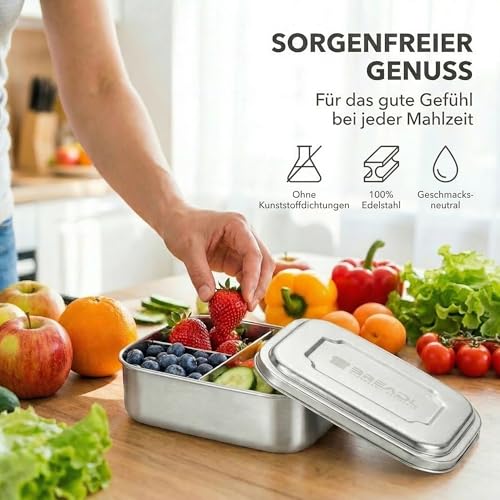 Foto von BREADL Edelstahl Brotdose, Feste Trennwand und 3 Fächer, Plastikfrei, Rostfrei, Spülmaschinengeeignet, Kleine 1000ml Lunchbox und Brotzeitbox aus Metall für Kinder und Erwachsene