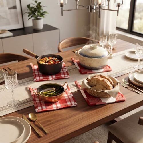 Image of Encasa XO Oven Microwave Pot Holders Trivets 21 cm (4 pc) for Kitchen Cooking & Baking - Heat Resistant, Thick & Safe, Protection of Hands from Hot Utensils, Grill, BBQ - Red Combo